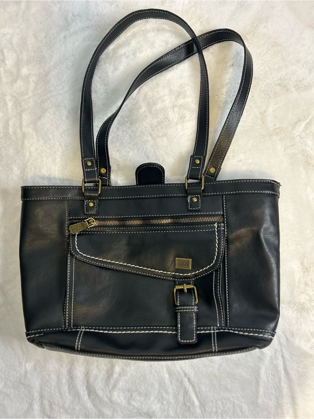 B.O.C. Born Concept Black Vinyl Tote Shoulder Bag Contrast Stitch Buckle
